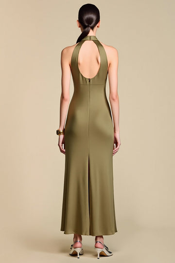 Sheath Olive Halter Neck Long Wedding Guest Dress with Keyhole